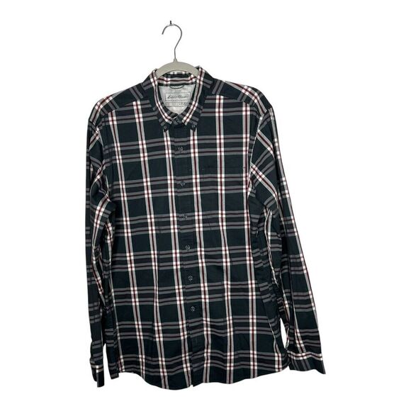 Eddie Bauer Shirt Mens Large Tall Classic Gray Red Plaid Button Down Long Sleeve - Picture 1 of 11